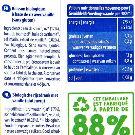 La Boisson au lait de riz vanille BIO et sans gluten