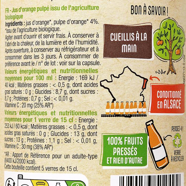 Le  Pur jus d'orange avec pulpe BIO