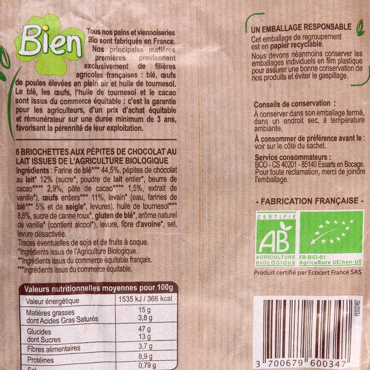 Les Briochettes aux pépites de chocolat au lait BIO