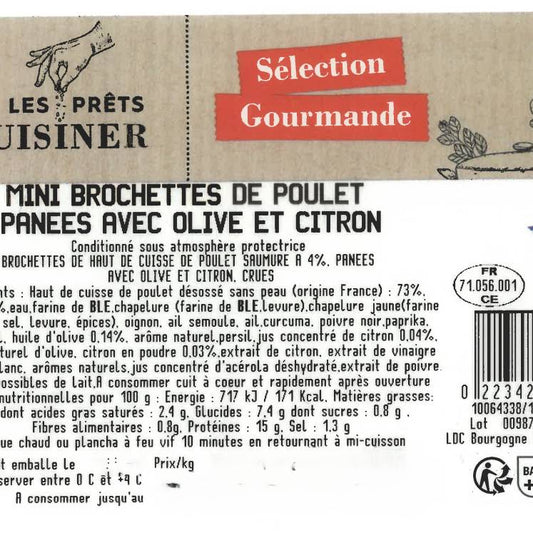 Les Mini brochettes de poulet  panées avec olives et citron